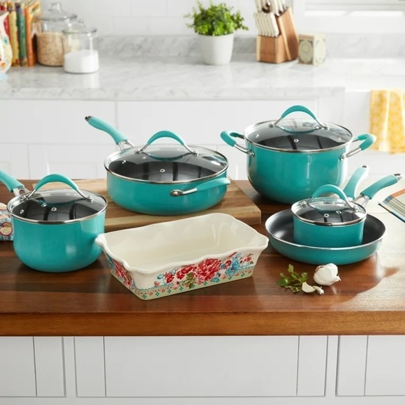 ♠️ New Pioneer Woman Frontier Speckle Aluminum 10-Piece Cookware Set, Turquoise - Picture 5 of 14